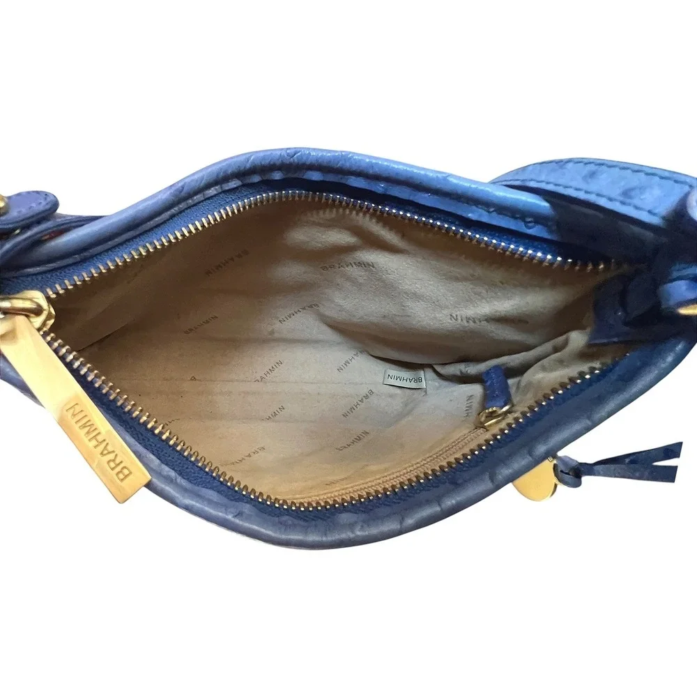 Brahmin Periwinkle Blue Ostrich Embossed Leather Small Shoulder Bag Gold Logo‎